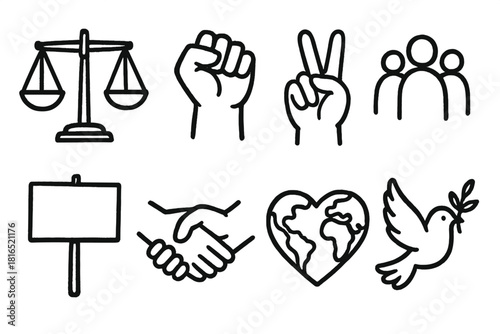 Social Justice Icons. Social Justice set of icons in doodle hand-drawn vector style: scales of equality, raised fist, peace sign, community crowd, protest sign, handshake, heart