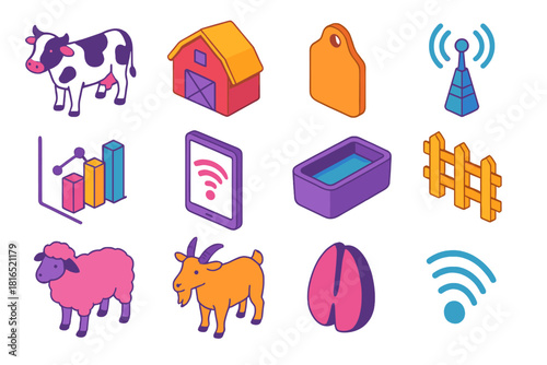 Modern Farm Icons. Digital Farm Systems flat icons set. cow, barn, tag, antenna, chart, tablet, water trough, fence, sheep, goat, hoof, signal wave