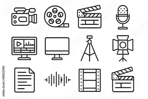 Film Production Icons. Video Production linear icon set. camera, reel, clapperboard, microphone, editing software, monitor, tripod, light, script, sound wave, film strip, slate