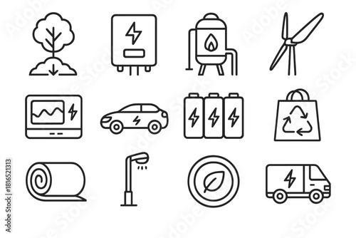 Sustainable Energy Icons. Net Zero Practices linear icon set: carbon offset tree, solar inverter, biogas digester, wind blade, energy dashboard, hybrid car, battery storage