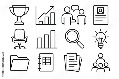 Workplace Success Icons. Workplace Growth linear icon set. trophy, graph arrow, mentor figure, resume, office chair, bar chart, magnifying glass, idea bulb, folder, planner