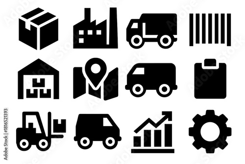 Brutalist Distribution Icons. Product Distribution silhouette icon set. box, factory, truck, warehouse, map, barcode, forklift, delivery van, chart, clipboard, container, gear.