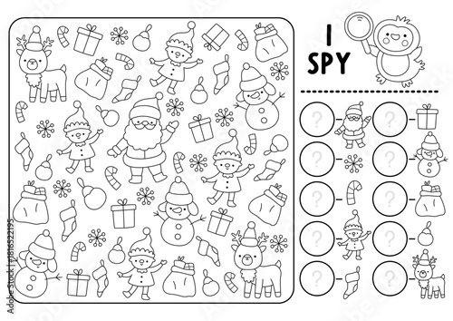 Christmas I spy black and white game for kids. Searching and counting line activity with Santa Claus, deer, elf, snowman. New Year printable worksheet. Winter holiday puzzle, coloring page