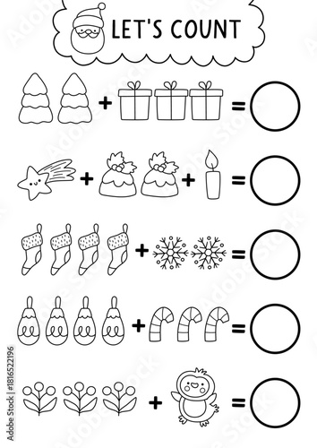 Counting black and white game with Christmas symbols. New Year math addition activity for preschool children. Simple sums winter holiday line printable worksheet, coloring page for kids