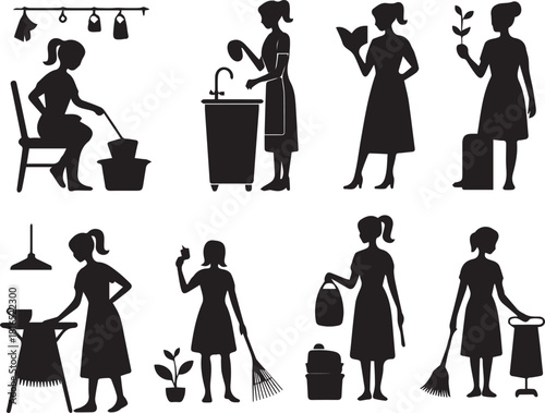 Set of woman silhouettes cleaning cooking reading and resting inside at home