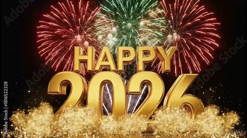 Happy New Year 2026 greeting. Firework explosion. Gold confetti. Shiny gold numbers. Colorful fireworks display. Night sky celebration. Sparkling gold dust. Black background. Vector