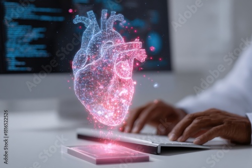 A hologram in the form of a heart. Modern technologies and innovations in the prevention and treatment of cardiovascular diseases. Medicine and healthcare. Selective focus.	