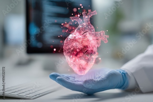 A hologram in the form of a heart in the hands of a doctor. Technologies and innovations in the prevention and treatment of cardiovascular diseases. Heart donation and transplantation. Selective focus