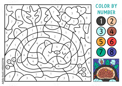 Vector Christmas color by number activity with bear sleeping in his den, snowy scene. Winter black and white counting game. New Year coloring page for kids. Line printable worksheet