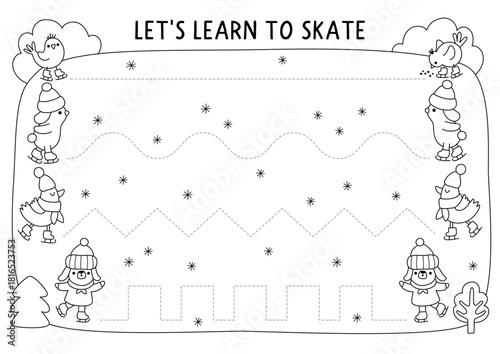 Vector Christmas black and white handwriting practice worksheet with skating animals, ice rink. New Year printable line activity, coloring page. Winter holiday tracing game for writing skills