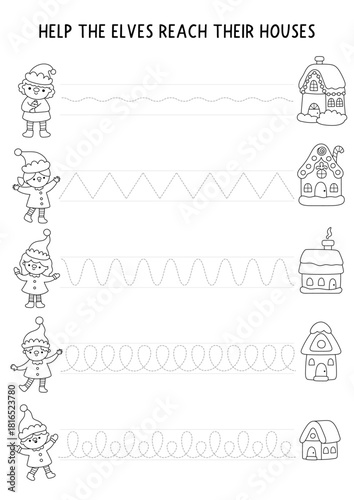 Vector Christmas black and white handwriting practice worksheet with elves and houses. New Year preschool printable line activity, coloring page. Winter holiday tracing game
