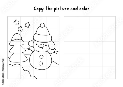 Copy the picture and color. Draw Christmas night scene with snowman, tree, stars. Vector black white New Year drawing, coloring practice worksheet. Printable winter holiday activity for kids