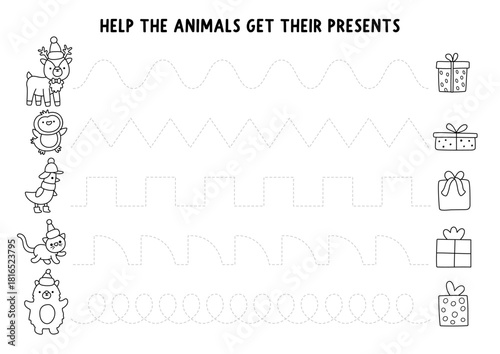 Vector Christmas black and white handwriting practice worksheet with animals, birds and presents. New Year printable line activity, coloring page for preschool children. Winter holiday tracing game