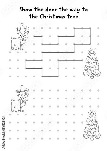 Christmas or New Year drawing, writing, tracing, space orientation activity for kids with deer, decorated fir tree. Draw lines in box according example. Winter holiday printable game, puzzle