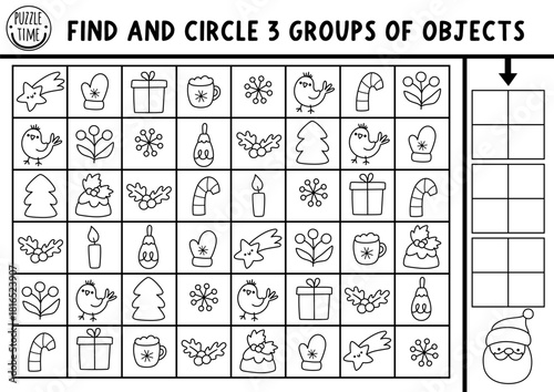 Christmas seek and find game with traditional symbols. Attention skills training puzzle with tree, star. New Year printable activity for kids. Winter holiday searching puzzle. Find groups of objects