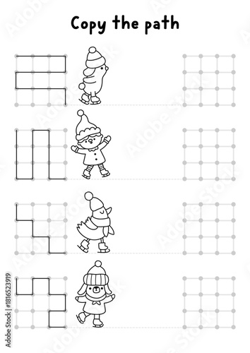 Christmas drawing, writing, tracing, space orientation activity for kids with skating animals. Draw the lines in square box according example. Winter holiday or New Year printable game, puzzle
