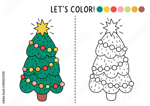 Christmas village coloring page for children with decorated fir tree. Vector New Year outline illustration. Color book for kids with colored example. Winter holiday drawing skills printable worksheet