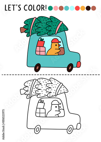 Christmas village coloring page with cute bird on car with presents, fir tree. Vector New Year outline illustration. Color book for kids with colored example. Winter holiday printable worksheet