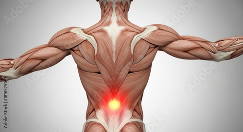Anatomical illustration of a human back with muscles and a highlighted area indicating pain or inflammation