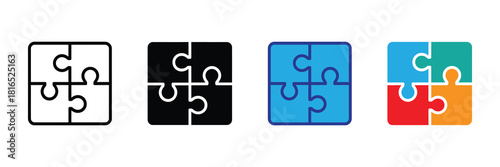 Four puzzle piece icons in different styles: outline, solid black, solid blue, and four colors, representing solutions and teamwork.