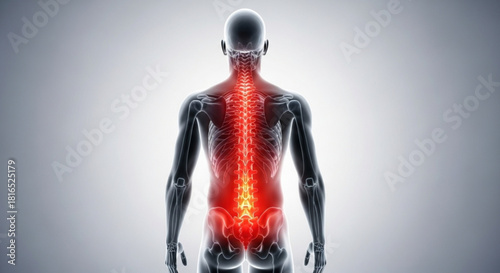 Rear view of human anatomy with highlighted spine and lower back pain illustration depiction