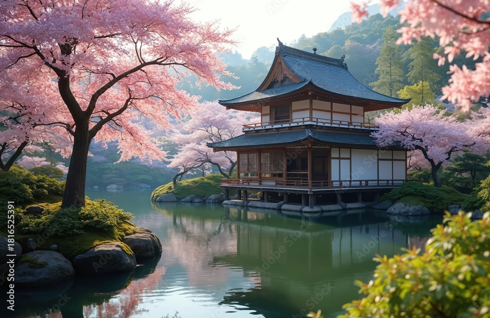 Fototapeta premium Two story traditional Japanese house stands over water. Cherry blossom blooms around the building. Asian architecture surrounded by nature, a scenic garden view during springtime with lake and trees.