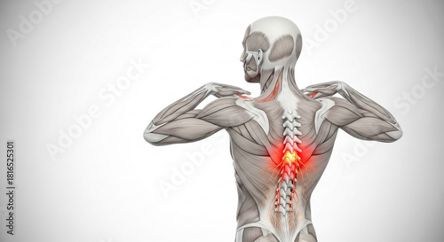 Anatomical illustration of a human back with visible muscles and spine highlighting pain area exactly