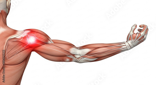Anatomical illustration of human arm with shoulder joint highlighted in red for pain indication