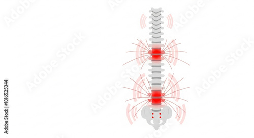 Illustration of spine with red areas indicating pain or inflammation and radiating lines around it
