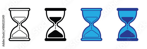 Four hourglass icons showing different styles: outline, filled black, bright blue, and dark blue, representing time measurement and sand flow.