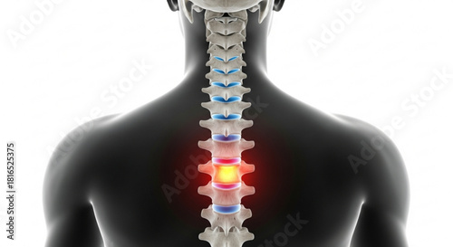 Posterior view of human torso with spinal column highlighting an inflamed intervertebral disc area