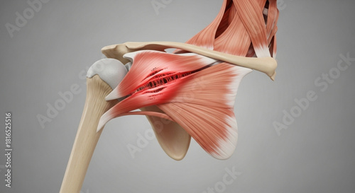 Anatomical view of a shoulder with a rotator cuff tear and surrounding muscles and bone structures