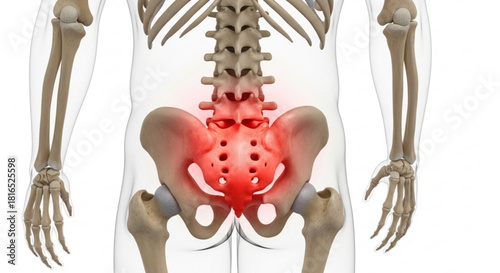 Anatomical illustration showing the skeletal structure of the human body with highlighted pain area
