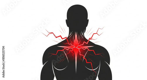 Silhouette of a person with red lightning radiating from their neck and upper back area indicating pain
