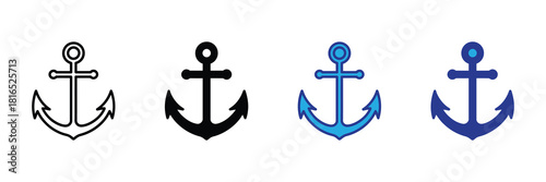 Collection of diverse anchor icons showcasing different styles: outline, solid black, and two shades of blue, on a white background