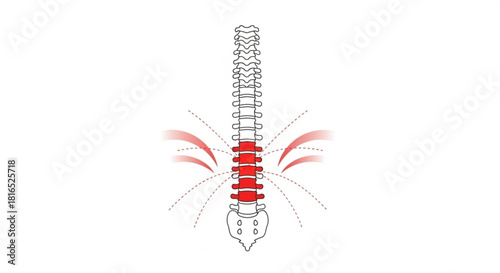 Illustration of a spine with red highlighted area indicating pain or inflammation in the lower back region
