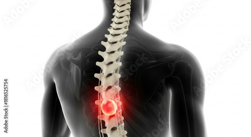 Posterior view of human spine with tumor highlighted in red on a white background illustration