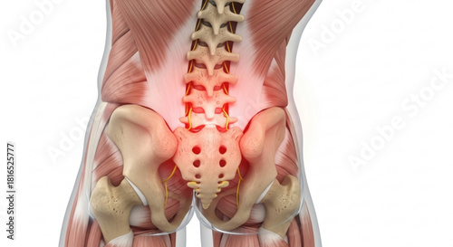 Illustration showing the human lower back anatomy with muscles, bones, and nerve structure highlighted