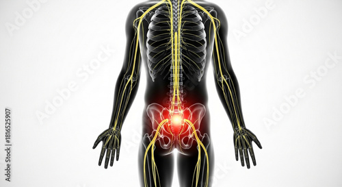 Anatomical view of human body with nervous system and highlighted lower back pain area shown in red