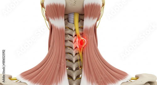 Illustration showing the anatomy of the neck with spinal cord injury and surrounding muscle tissues