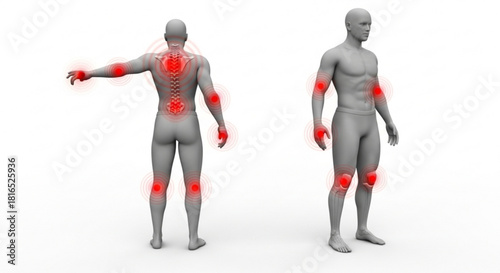 Anatomical representation of human body with highlighted joints and spine indicating pain or inflammation