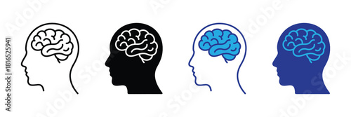 Stylized human head profiles with visible brains in outline, black silhouette, and blue line art for medical and cognitive concepts
