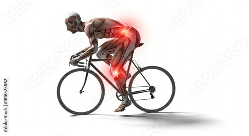 Anatomical illustration of cyclist showing muscle structure and potential pain points highlighted in red