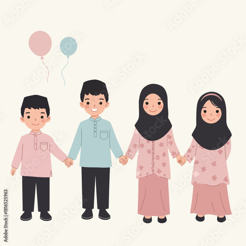 Four cute cartoon Muslim children holding hands, dressed in traditional attire for Eid al-Fitr celebration, with balloons.