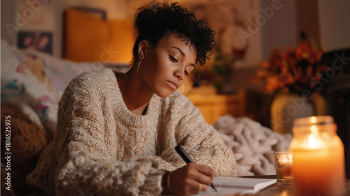 Mature black woman journaling by candlelight in a cozy room during the evening
