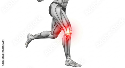 Illustration of a human leg anatomy with visible muscles and a highlighted knee joint area in red