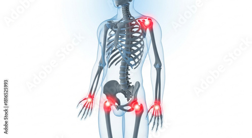 Human skeletal system with highlighted joints showing pain and inflammation in the body anatomy