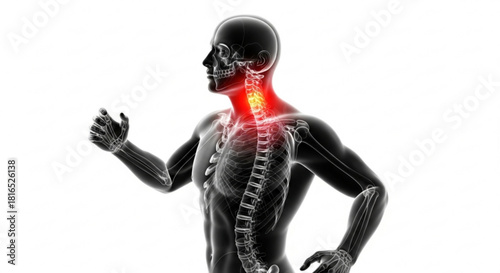 Illustration of a human body with highlighted neck pain and visible skeletal and muscular systems