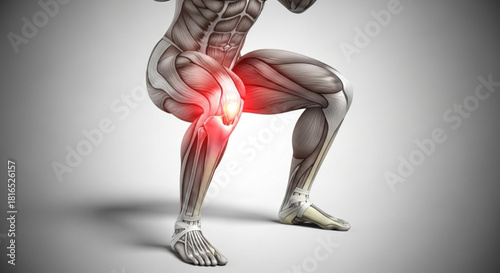 Illustration of a human figure squatting with highlighted knee pain and muscle anatomy shown in detail