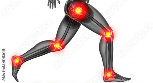 Illustration of human legs with highlighted joints indicating pain or inflammation for medical purposes